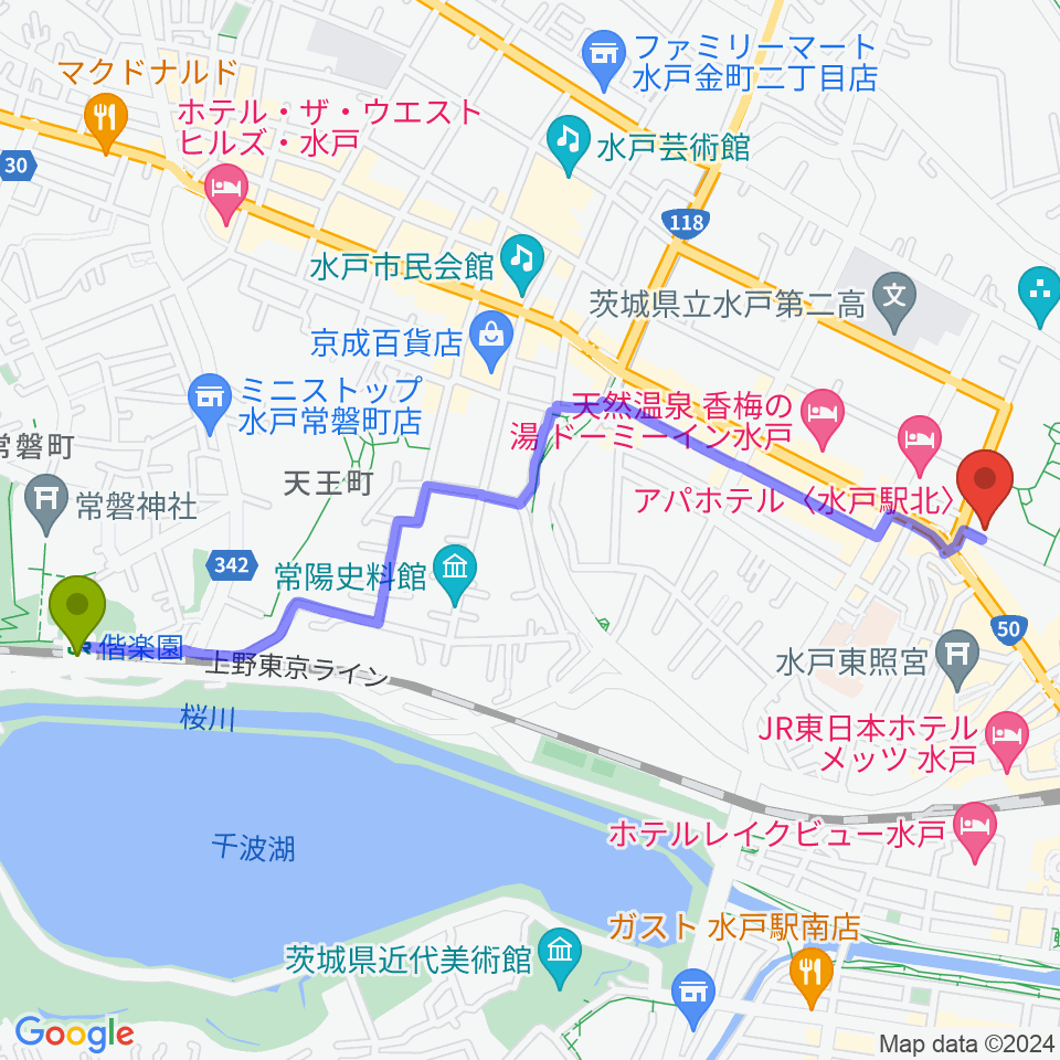 偕楽園駅から常陽藝文センターへのルートマップ地図