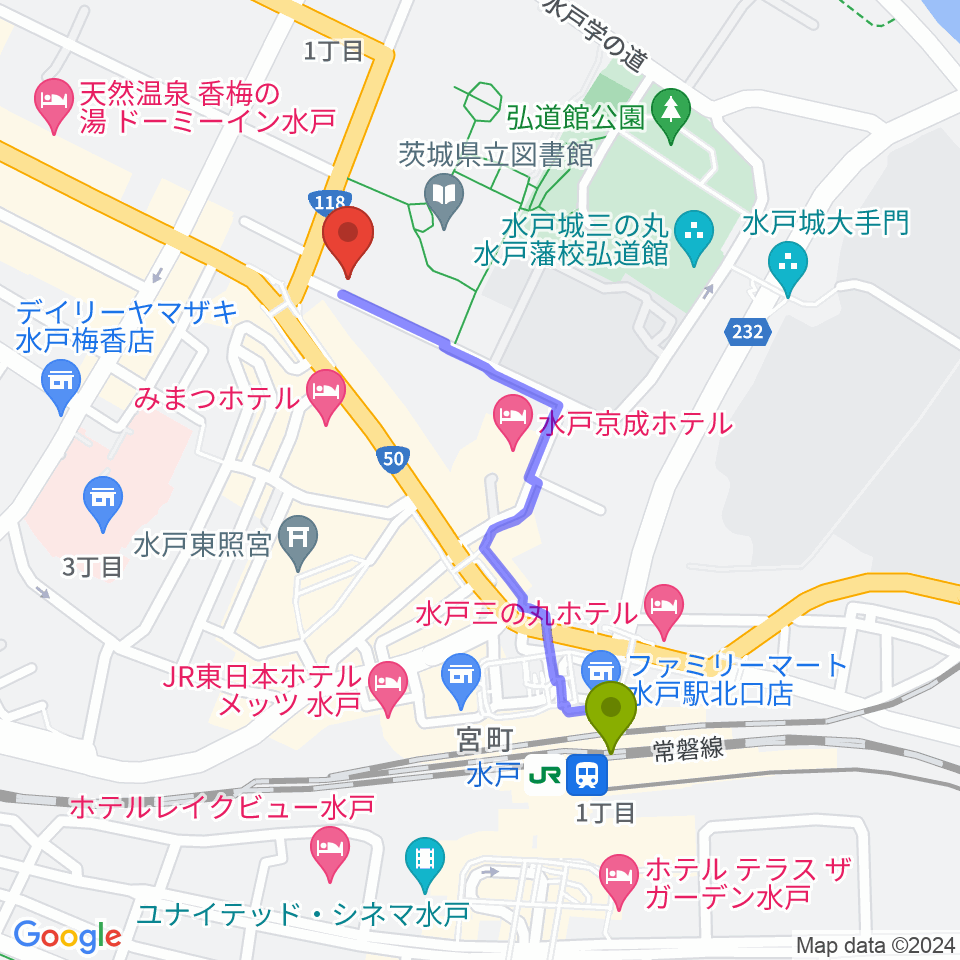 常陽藝文センターの最寄駅水戸駅からの徒歩ルート（約9分）地図