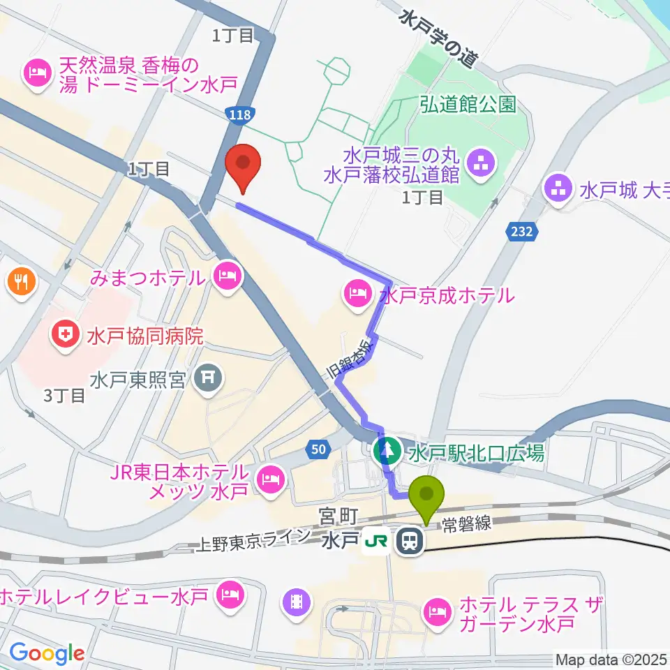 常陽藝文センターの最寄駅水戸駅からの徒歩ルート（約9分）地図