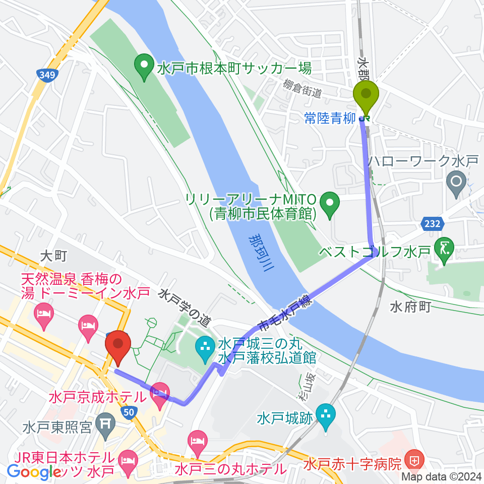 常陸青柳駅から常陽藝文センターへのルートマップ地図