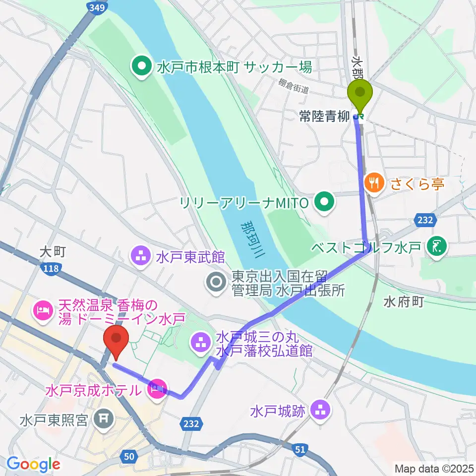 常陸青柳駅から常陽藝文センターへのルートマップ地図