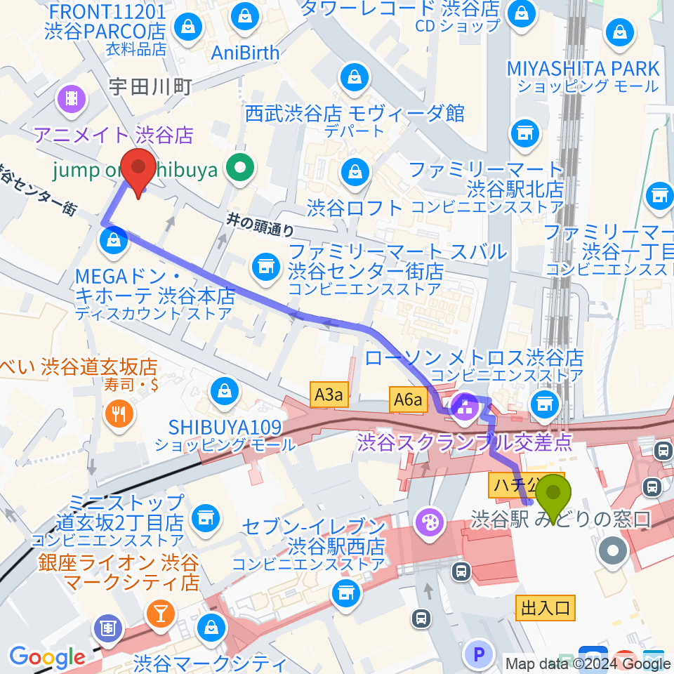 ディスクユニオン渋谷ジャズ/レアグルーヴ館の最寄駅渋谷駅からの徒歩ルート（約6分）地図