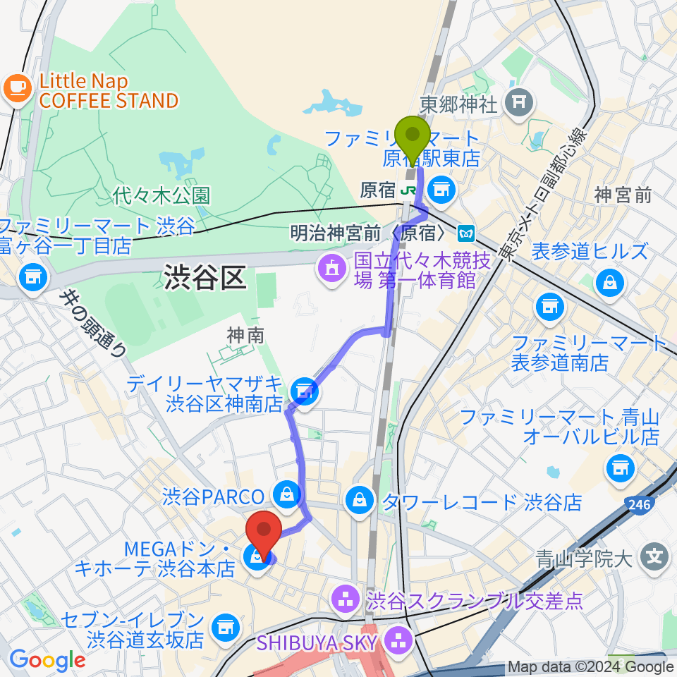 原宿駅からディスクユニオン渋谷ジャズ/レアグルーヴ館へのルートマップ地図