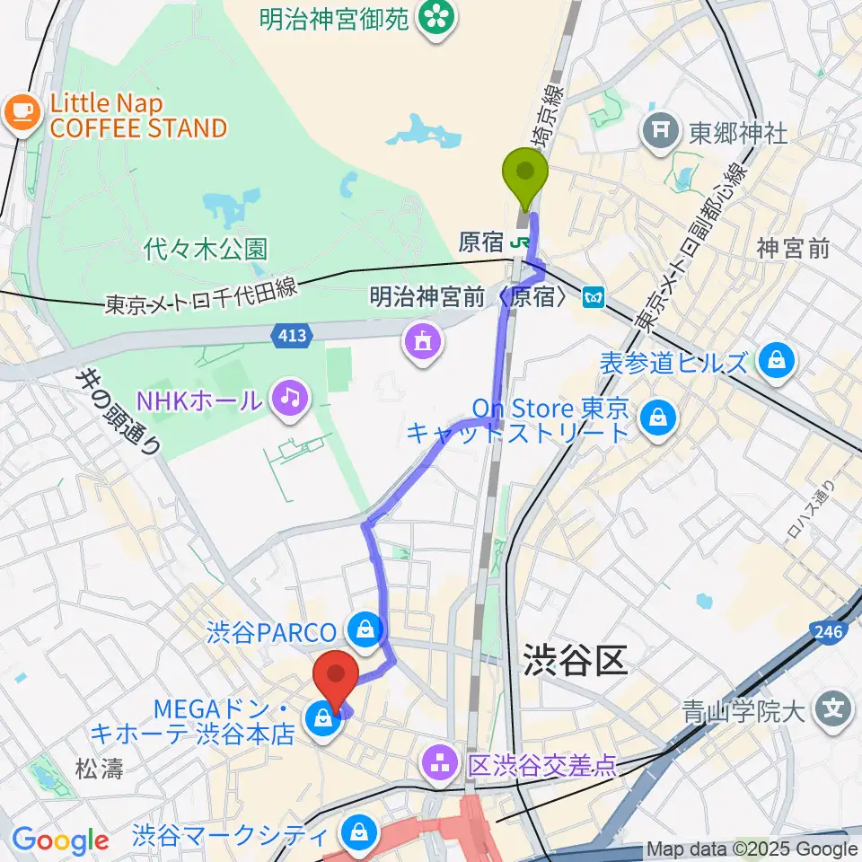 原宿駅からディスクユニオン渋谷ジャズ/レアグルーヴ館へのルートマップ地図