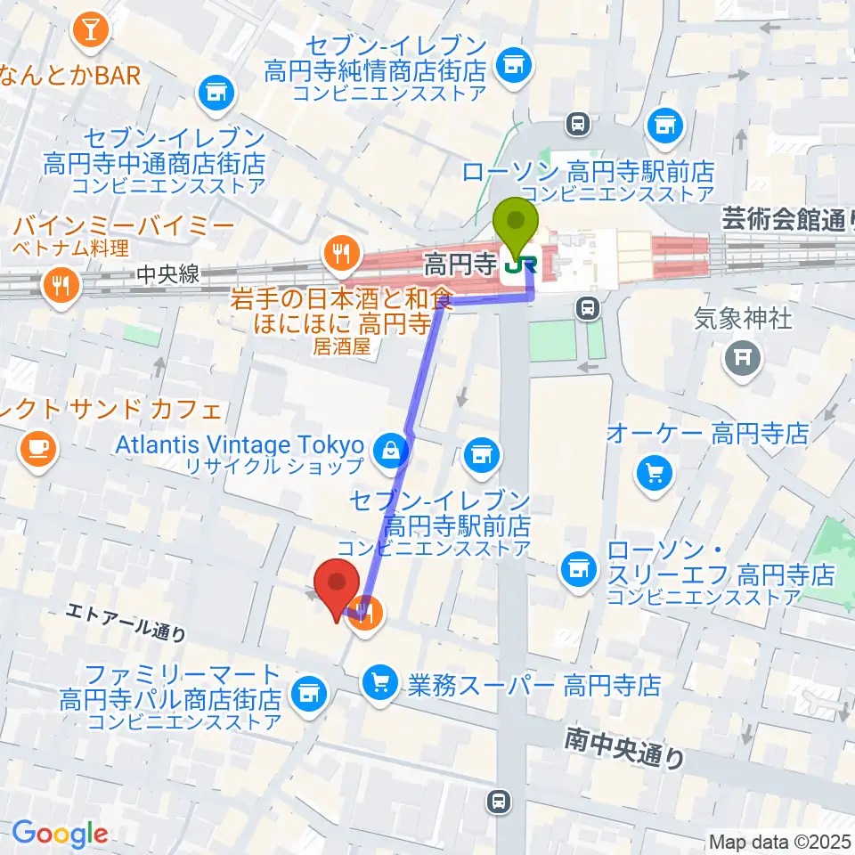 UNIVERSOUNDSの最寄駅高円寺駅からの徒歩ルート（約4分）地図