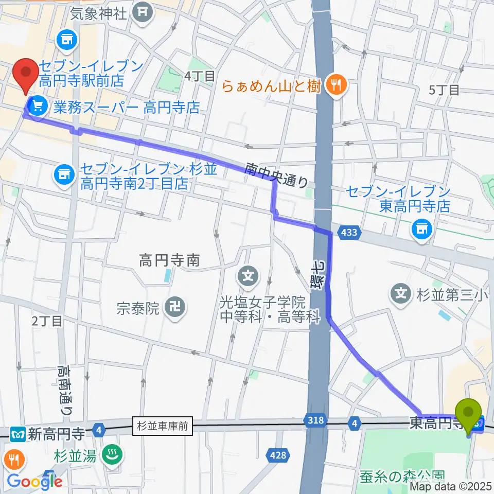 東高円寺駅からUNIVERSOUNDSへのルートマップ地図