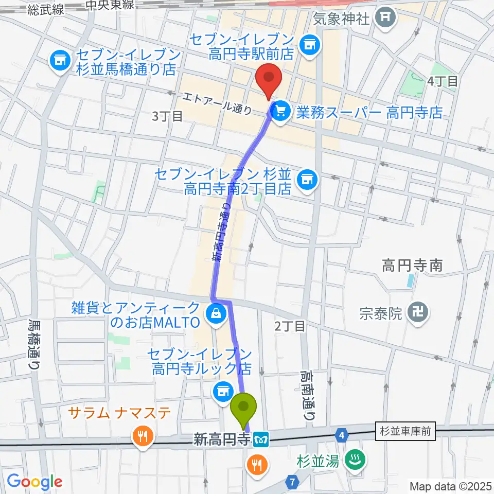 新高円寺駅からUNIVERSOUNDSへのルートマップ地図