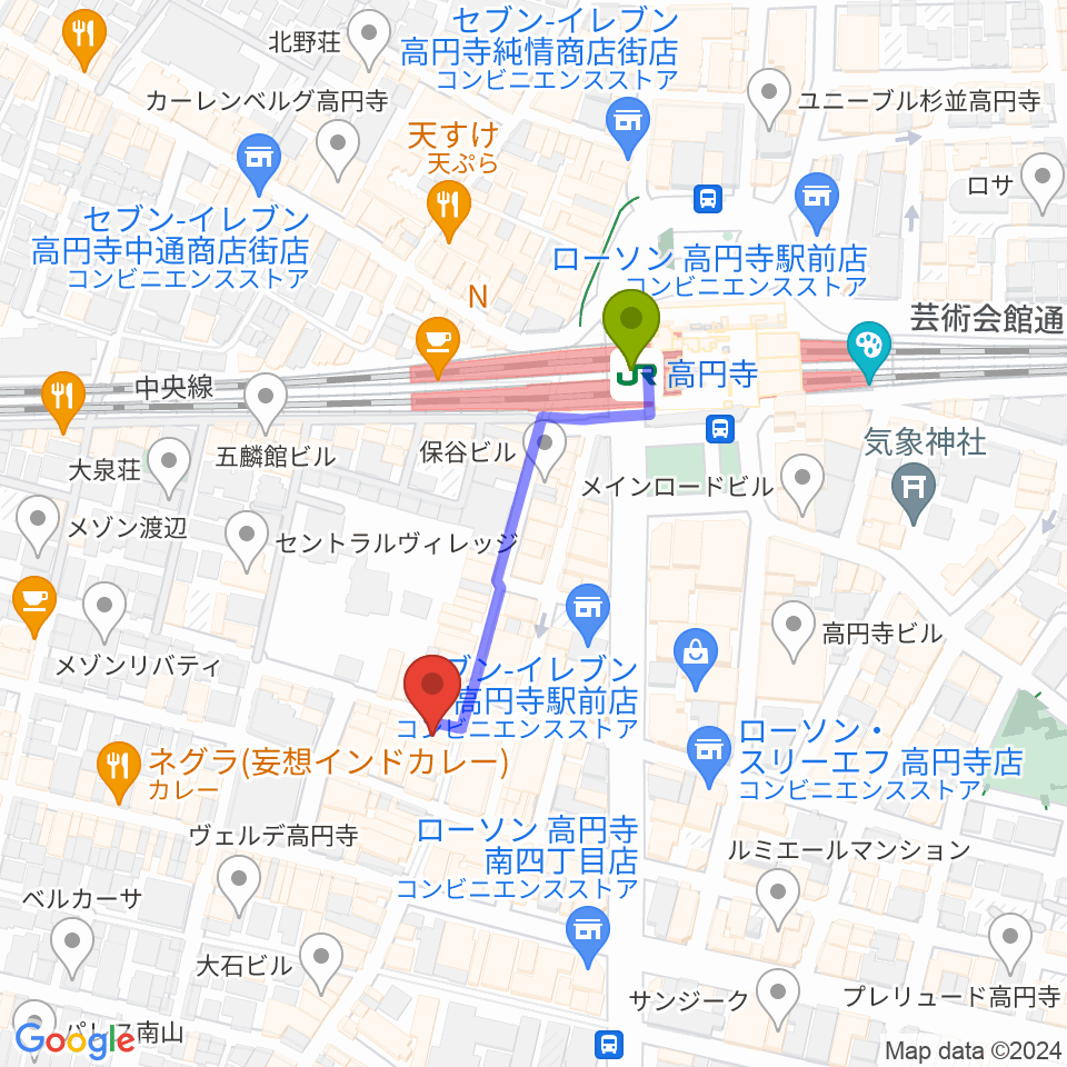 ビー・インレコーズの最寄駅高円寺駅からの徒歩ルート（約3分）地図
