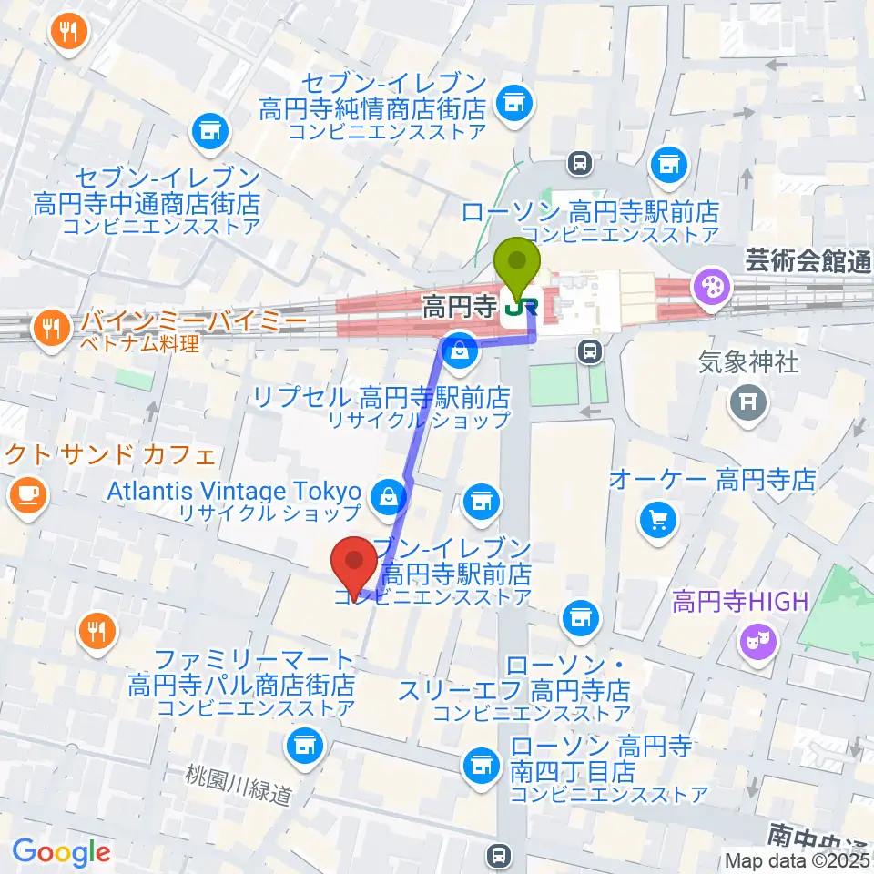 ビー・インレコーズの最寄駅高円寺駅からの徒歩ルート（約3分）地図