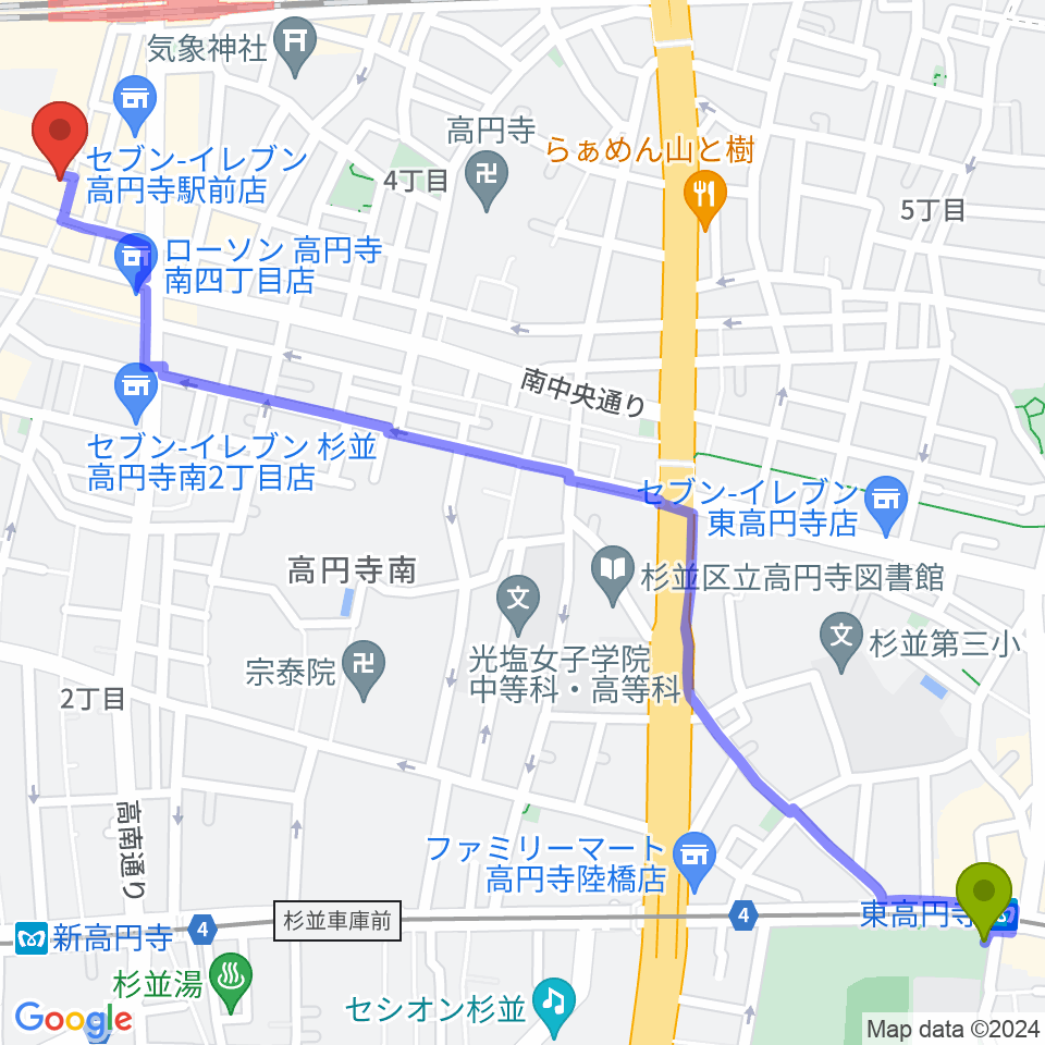 東高円寺駅からビー・インレコーズへのルートマップ地図