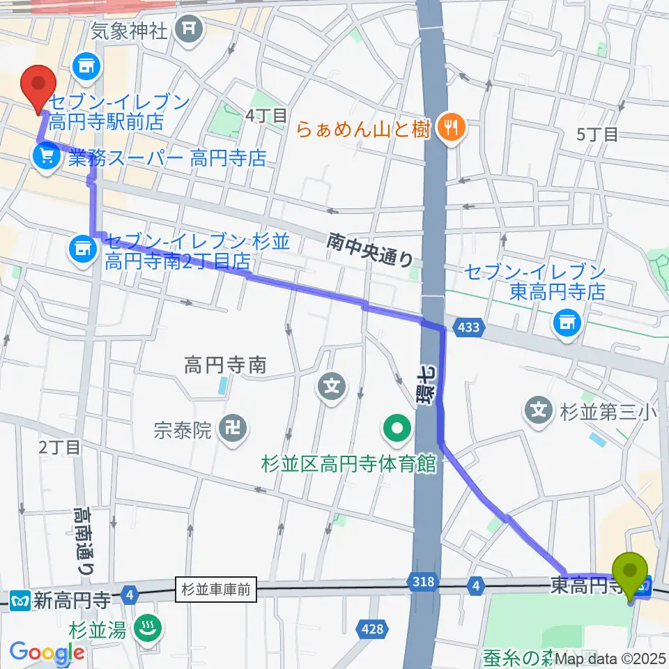 東高円寺駅からビー・インレコーズへのルートマップ地図