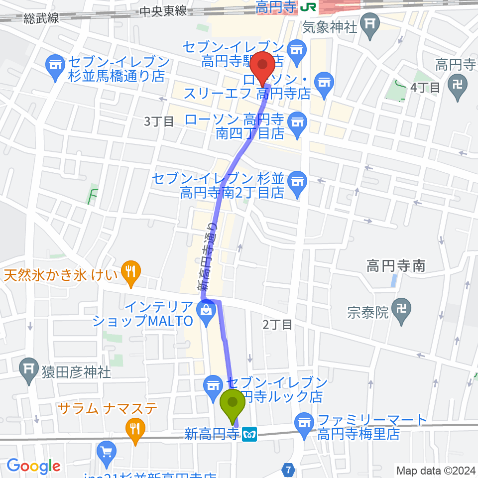新高円寺駅からビー・インレコーズへのルートマップ地図