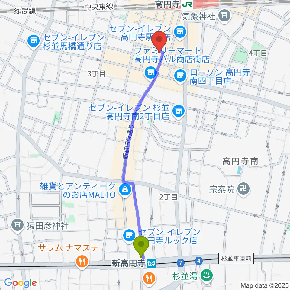 新高円寺駅からビー・インレコーズへのルートマップ地図