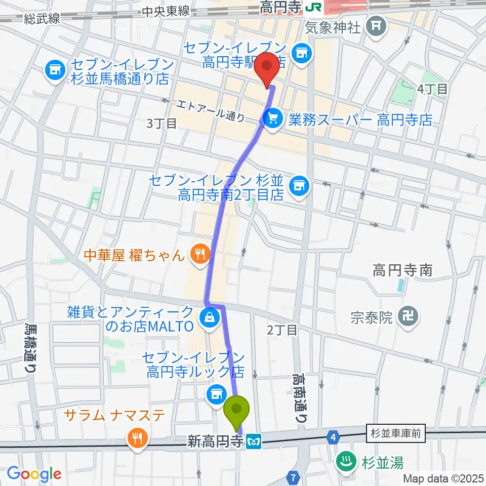 新高円寺駅からビー・インレコーズへのルートマップ地図