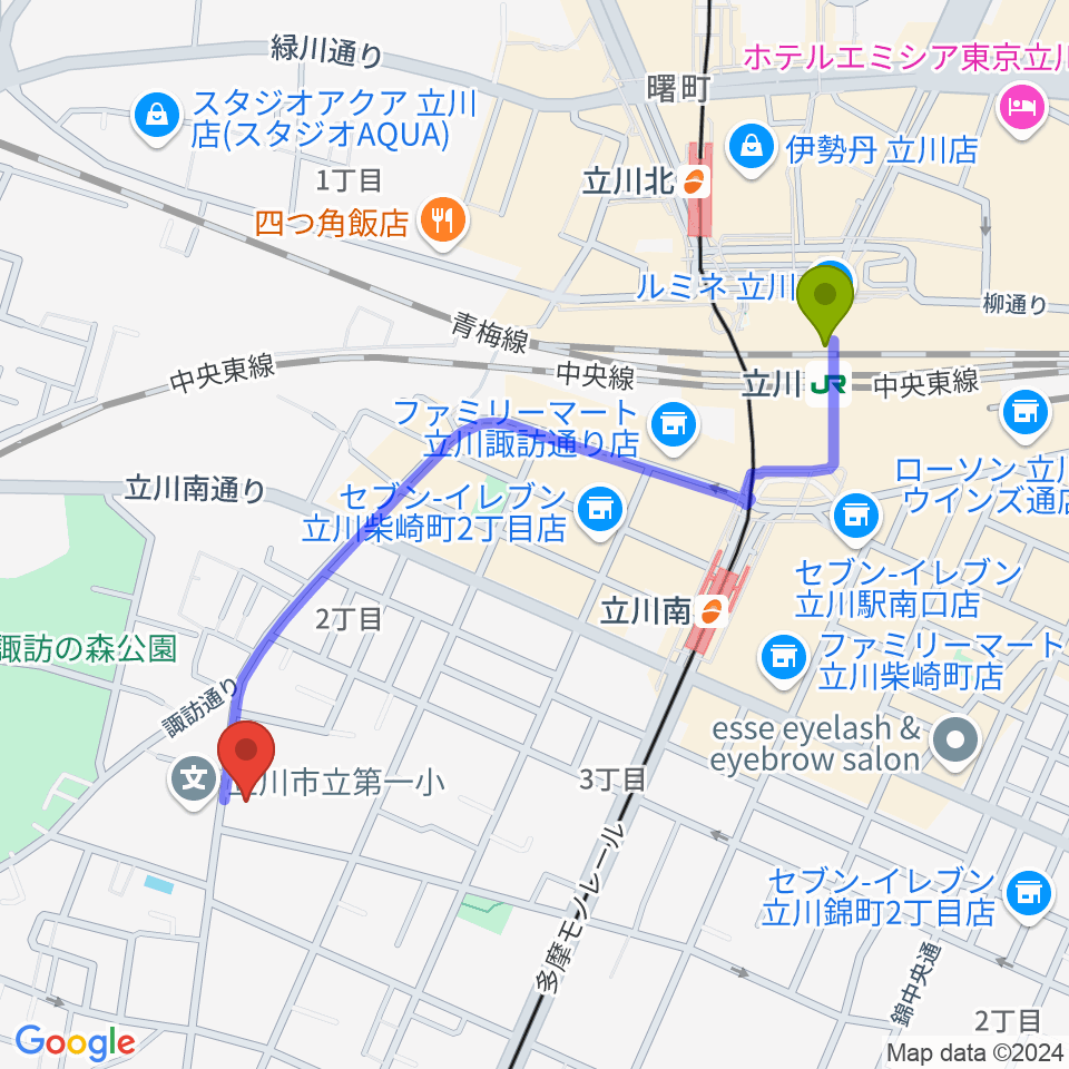 立川駅から柴崎学習館へのルートマップ地図