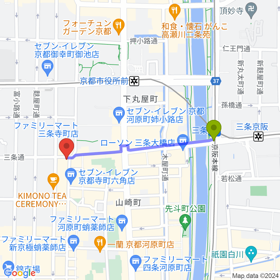 三条駅から京都HAPPY JACKへのルートマップ地図