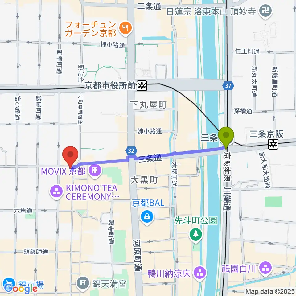三条駅から京都HAPPY JACKへのルートマップ地図