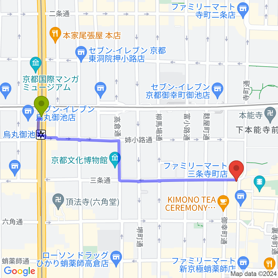 烏丸御池駅から京都HAPPY JACKへのルートマップ地図