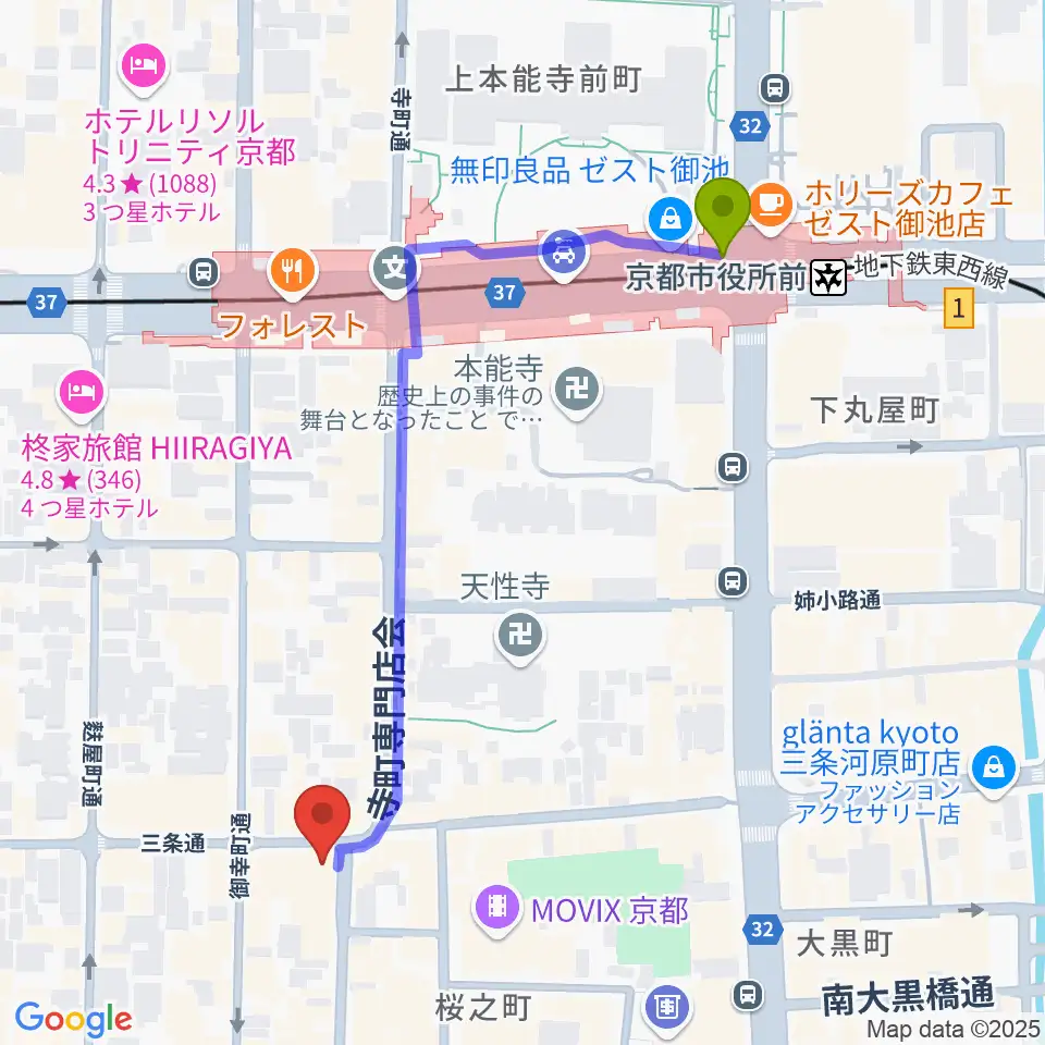 京都HAPPY JACKの最寄駅京都市役所前駅からの徒歩ルート（約5分）地図