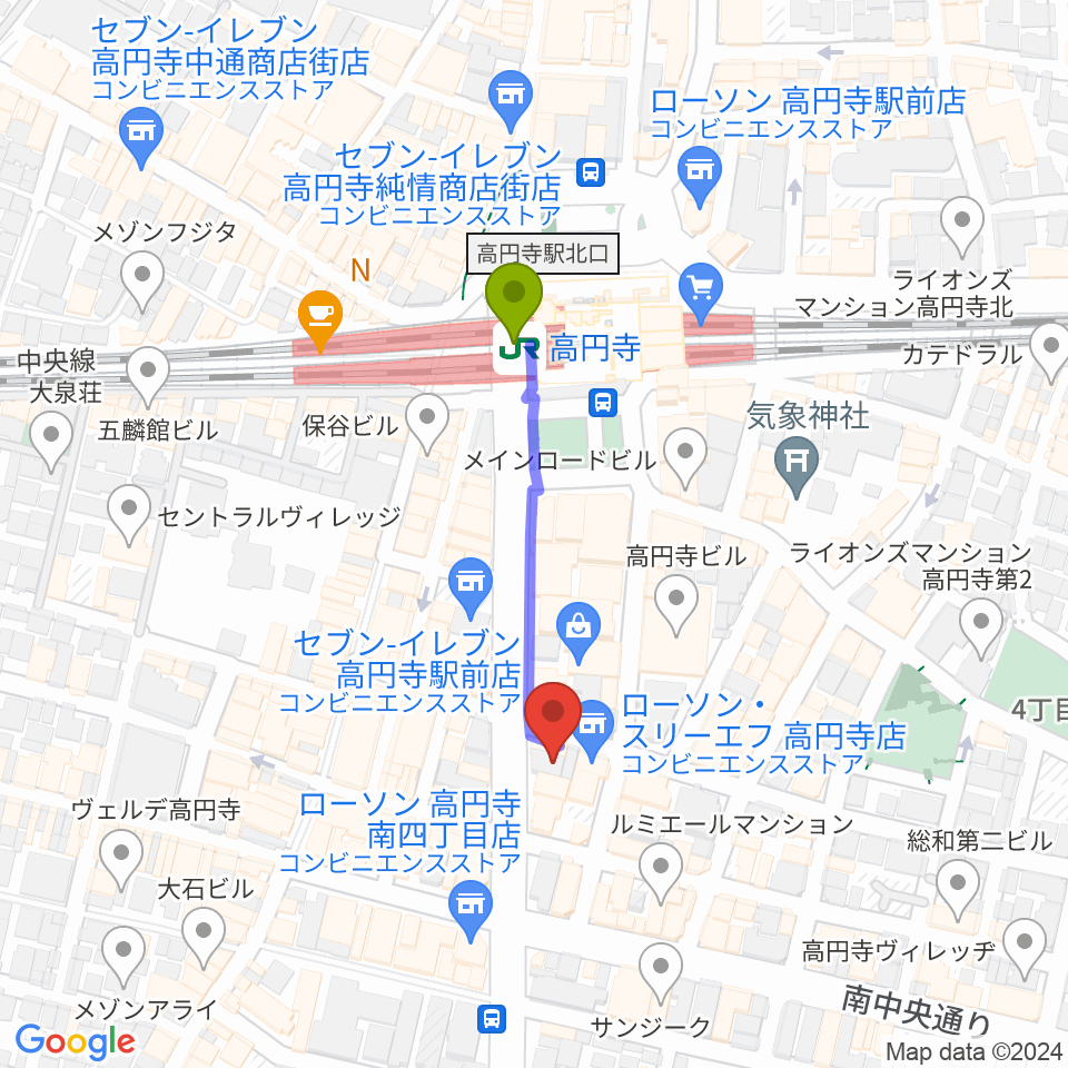 高円寺レコードショップBASEの最寄駅高円寺駅からの徒歩ルート（約3分）地図