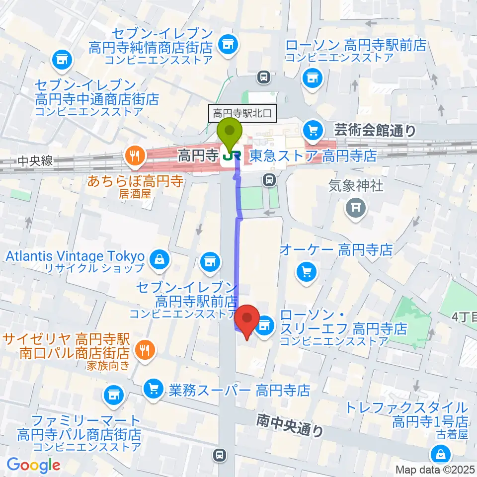 高円寺レコードショップBASEの最寄駅高円寺駅からの徒歩ルート（約3分）地図