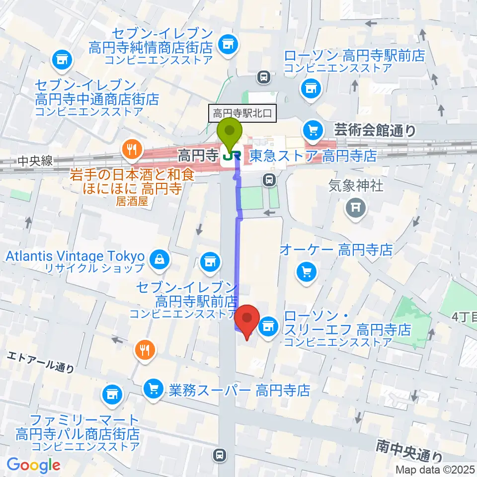 高円寺レコードショップBASEの最寄駅高円寺駅からの徒歩ルート（約3分）地図
