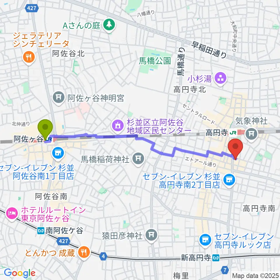 阿佐ケ谷駅から高円寺レコードショップBASEへのルートマップ地図