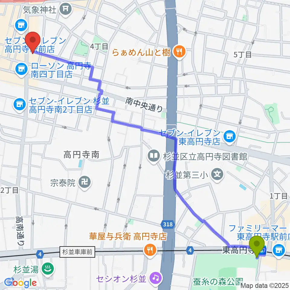 東高円寺駅から高円寺レコードショップBASEへのルートマップ地図