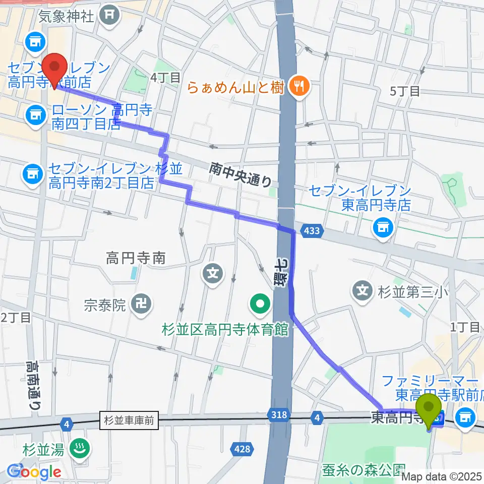 東高円寺駅から高円寺レコードショップBASEへのルートマップ地図