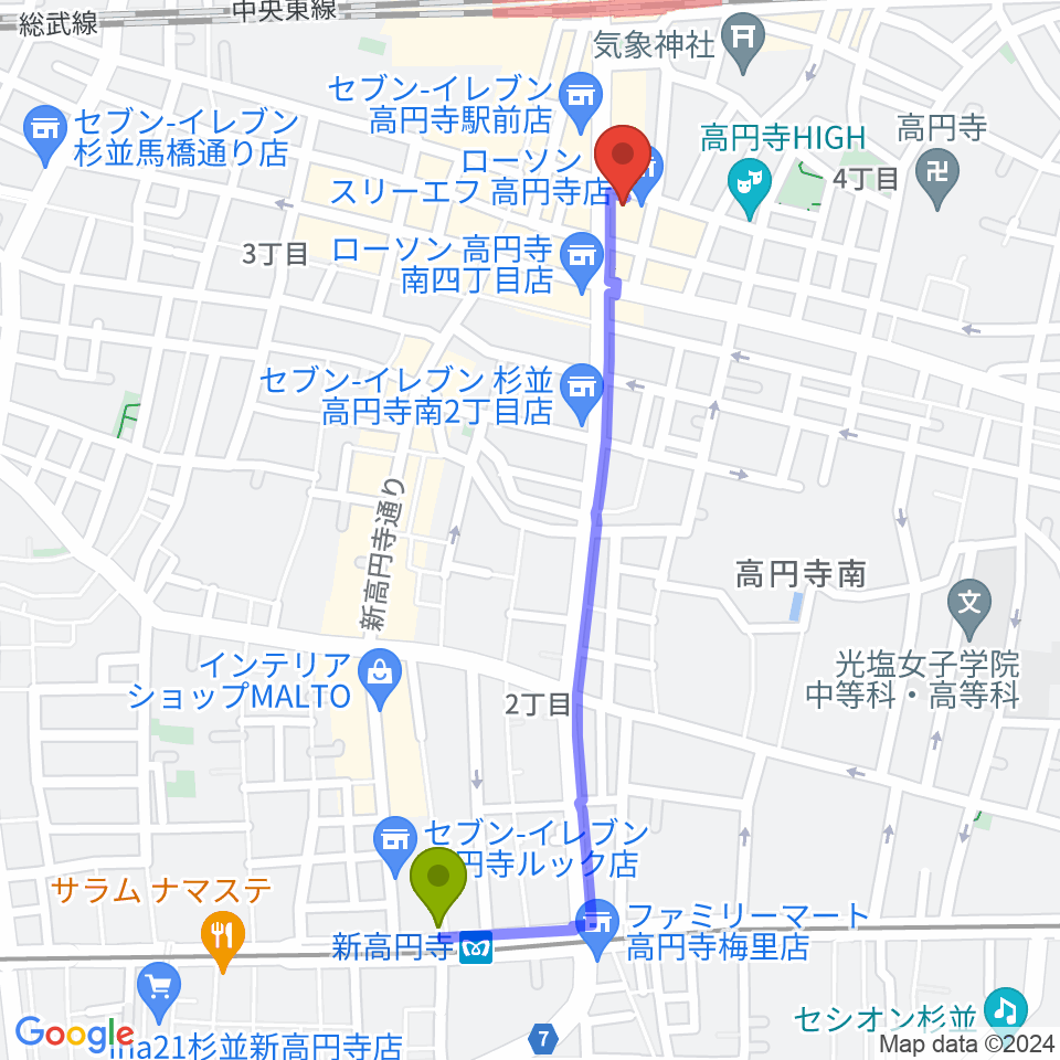 新高円寺駅から高円寺レコードショップBASEへのルートマップ地図