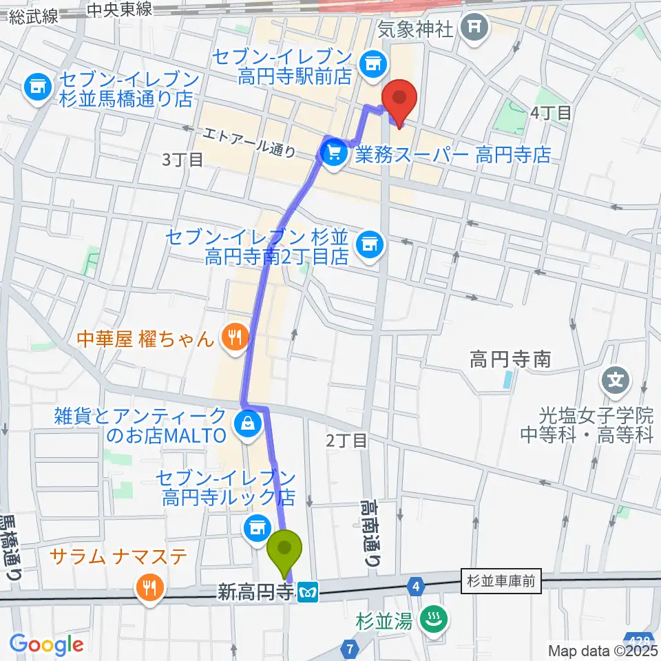 新高円寺駅から高円寺レコードショップBASEへのルートマップ地図