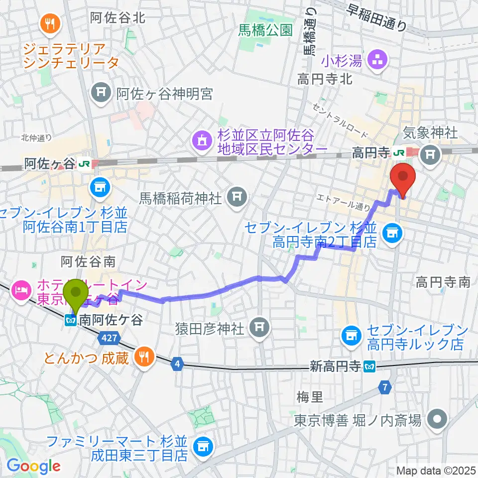 南阿佐ケ谷駅から高円寺レコードショップBASEへのルートマップ地図