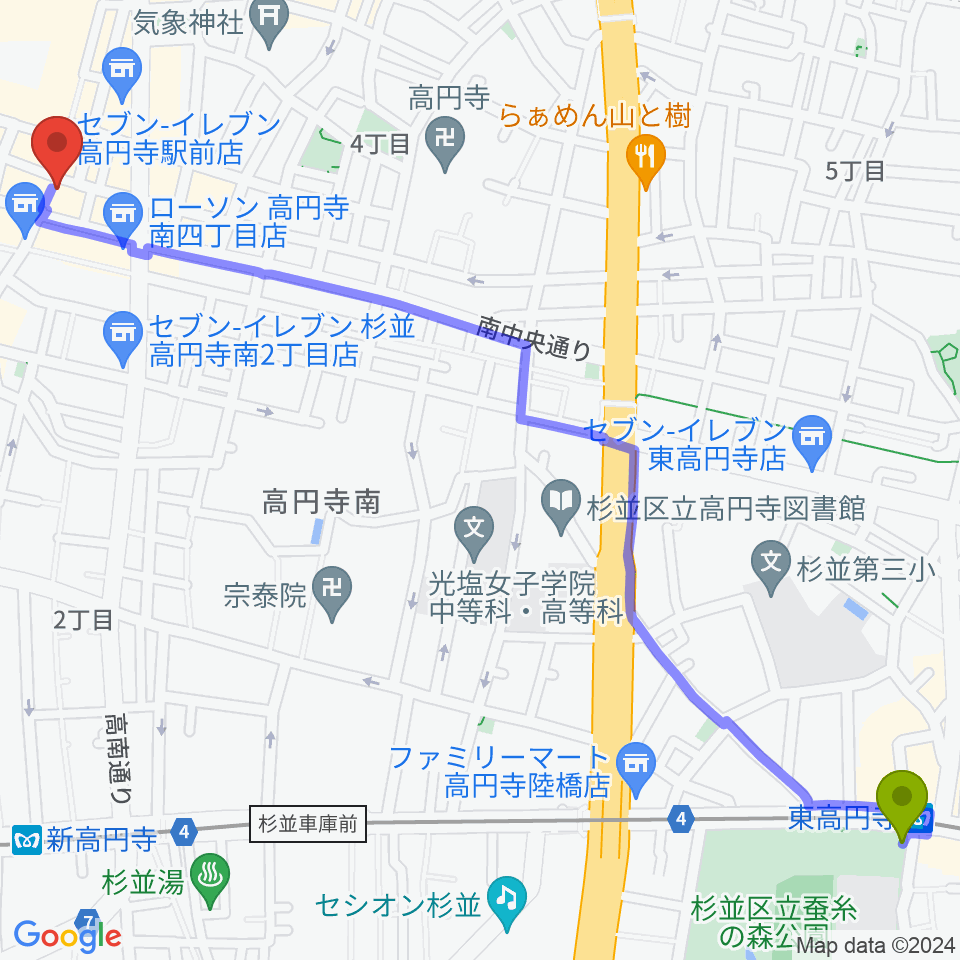 東高円寺駅からRECORD BOYへのルートマップ地図