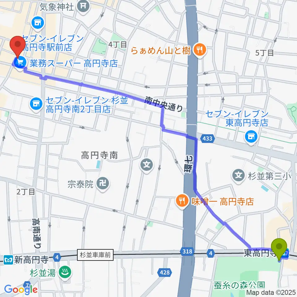 東高円寺駅からRECORD BOYへのルートマップ地図