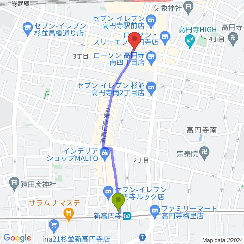 新高円寺駅からRECORD BOYへのルートマップ地図