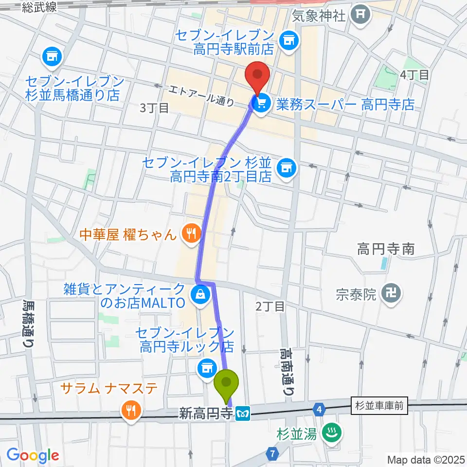 新高円寺駅からRECORD BOYへのルートマップ地図
