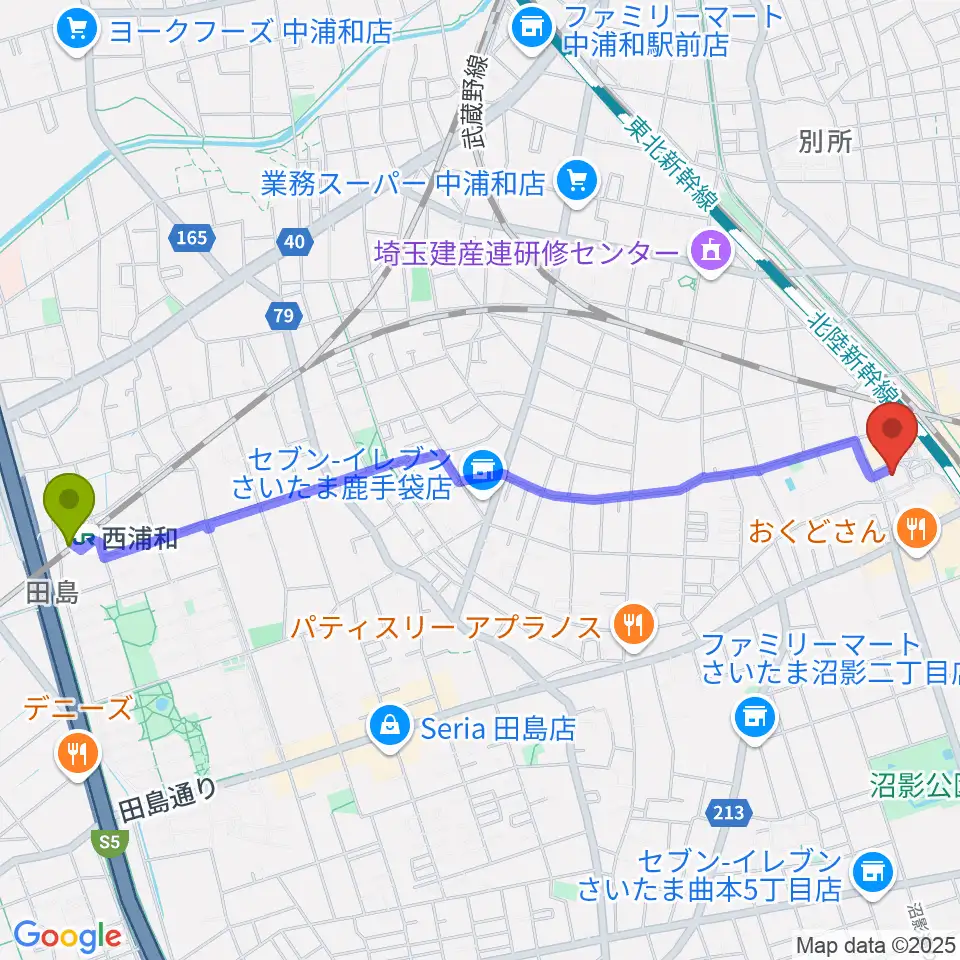 西浦和駅から武蔵浦和コミュニティセンターへのルートマップ地図
