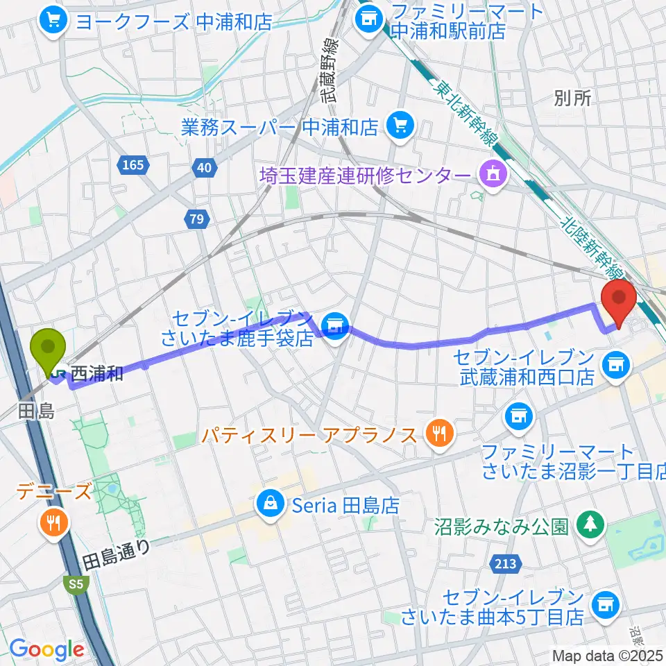 西浦和駅から武蔵浦和コミュニティセンターへのルートマップ地図
