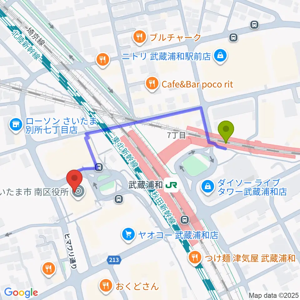 武蔵浦和コミュニティセンターの最寄駅武蔵浦和駅からの徒歩ルート（約4分）地図