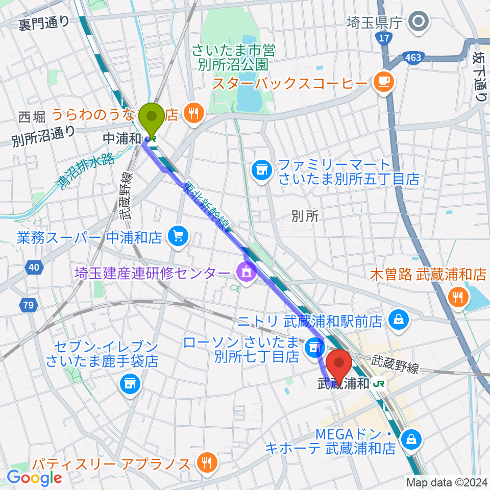 中浦和駅から武蔵浦和コミュニティセンターへのルートマップ地図