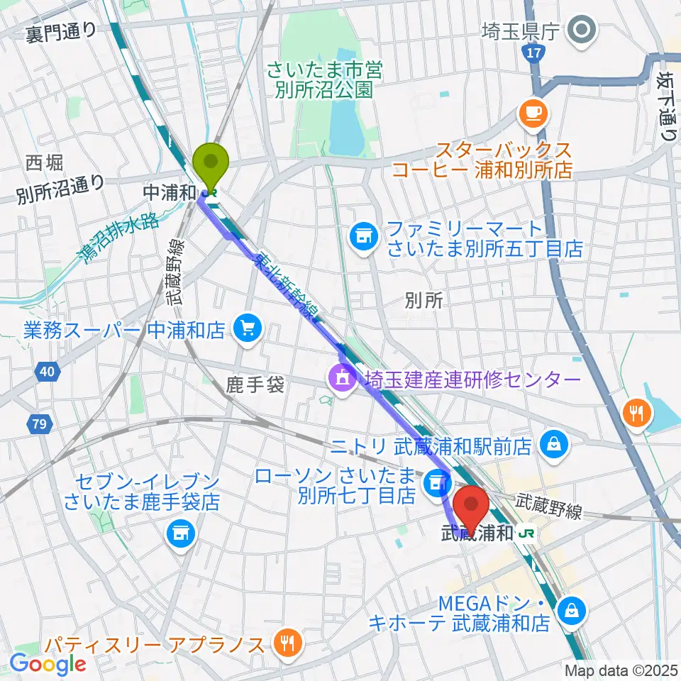 中浦和駅から武蔵浦和コミュニティセンターへのルートマップ地図