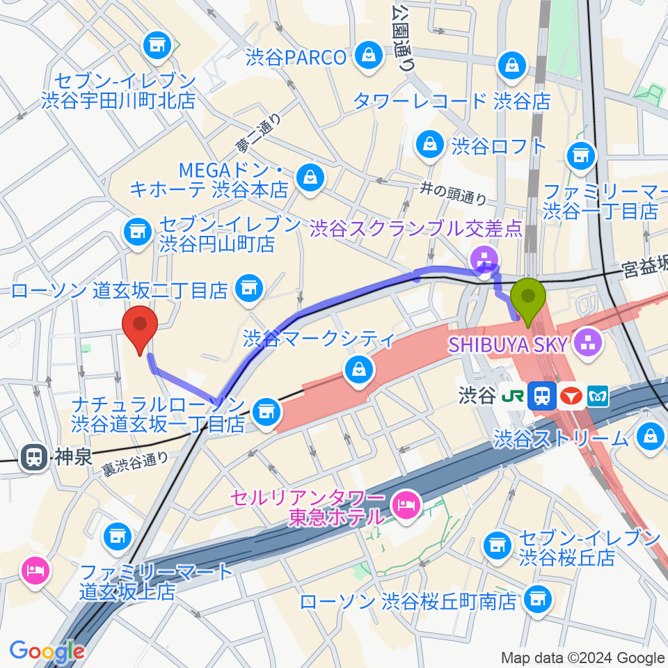 渋谷駅から渋谷Spotify O-nestへのルートマップ地図