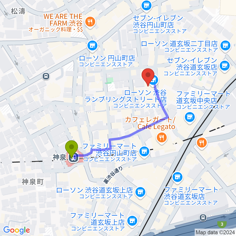 渋谷Spotify O-nestの最寄駅神泉駅からの徒歩ルート（約3分）地図