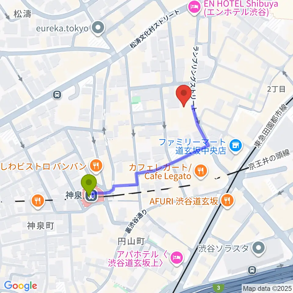 渋谷Spotify O-nestの最寄駅神泉駅からの徒歩ルート（約3分）地図