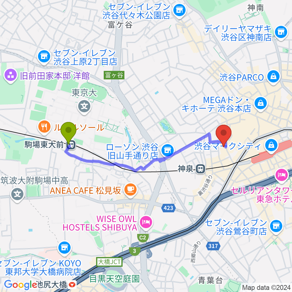 駒場東大前駅から渋谷Spotify O-nestへのルートマップ地図