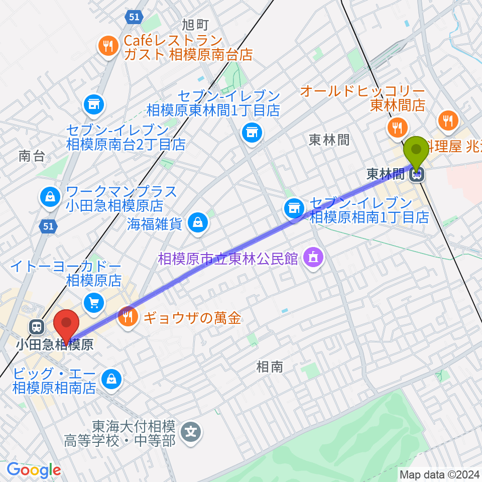 東林間駅から小田急相模原 Take5 へのルートマップ地図