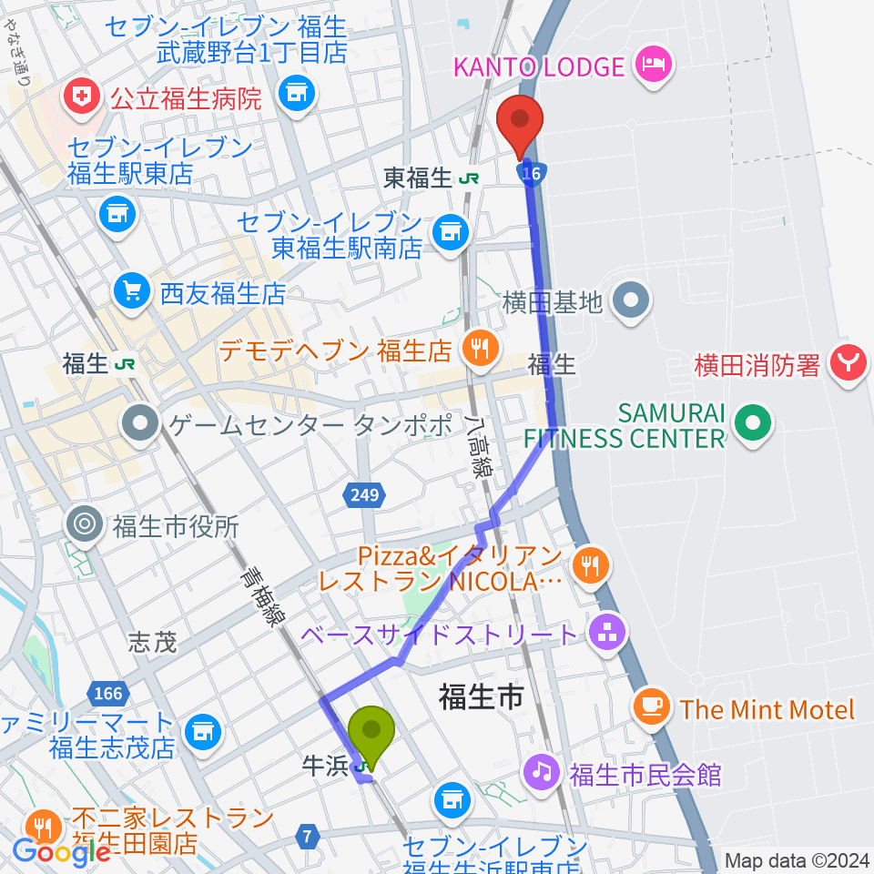 牛浜駅から福生ノエルへのルートマップ地図