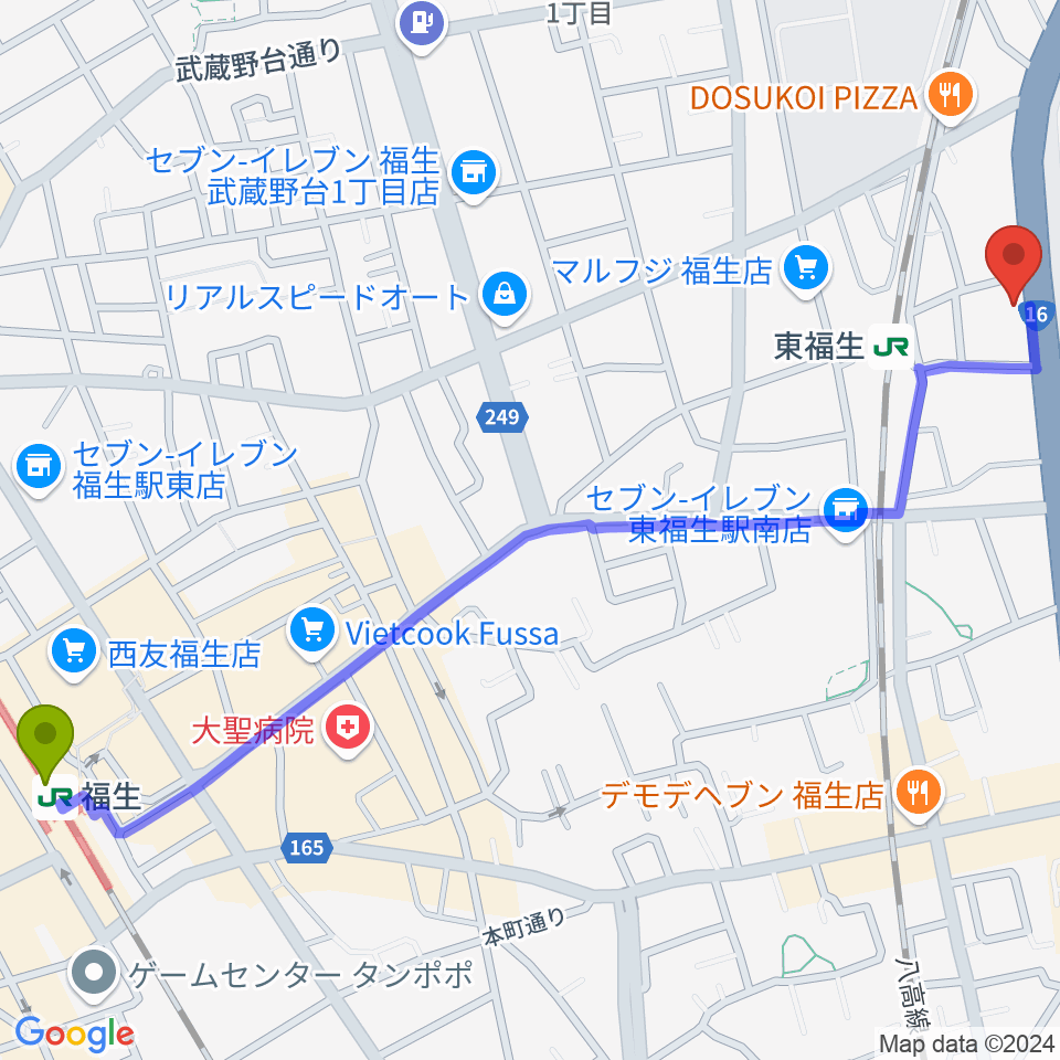 福生駅から福生ノエルへのルートマップ地図