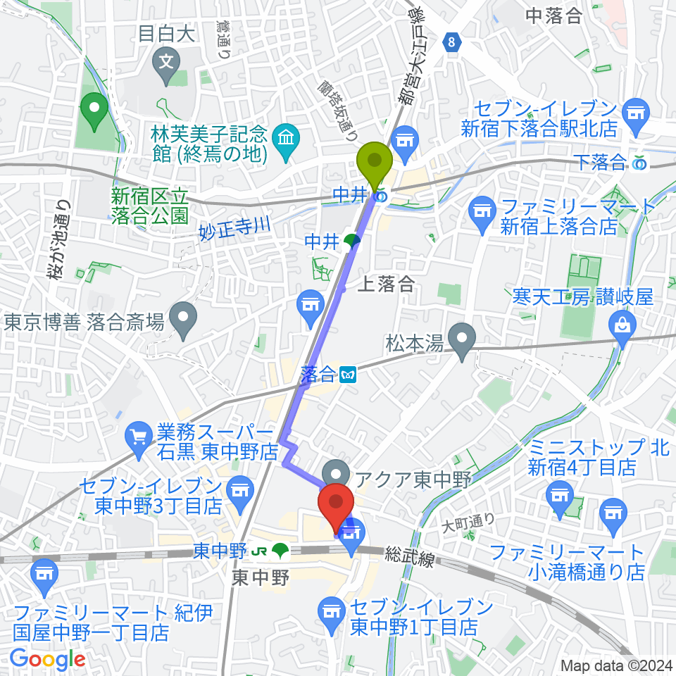 中井駅から東中野Big Riverへのルートマップ地図