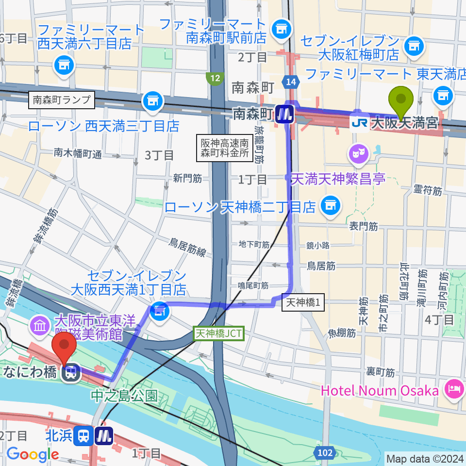 大阪天満宮駅から京阪電車なにわ橋駅 アートエリアB1へのルートマップ地図